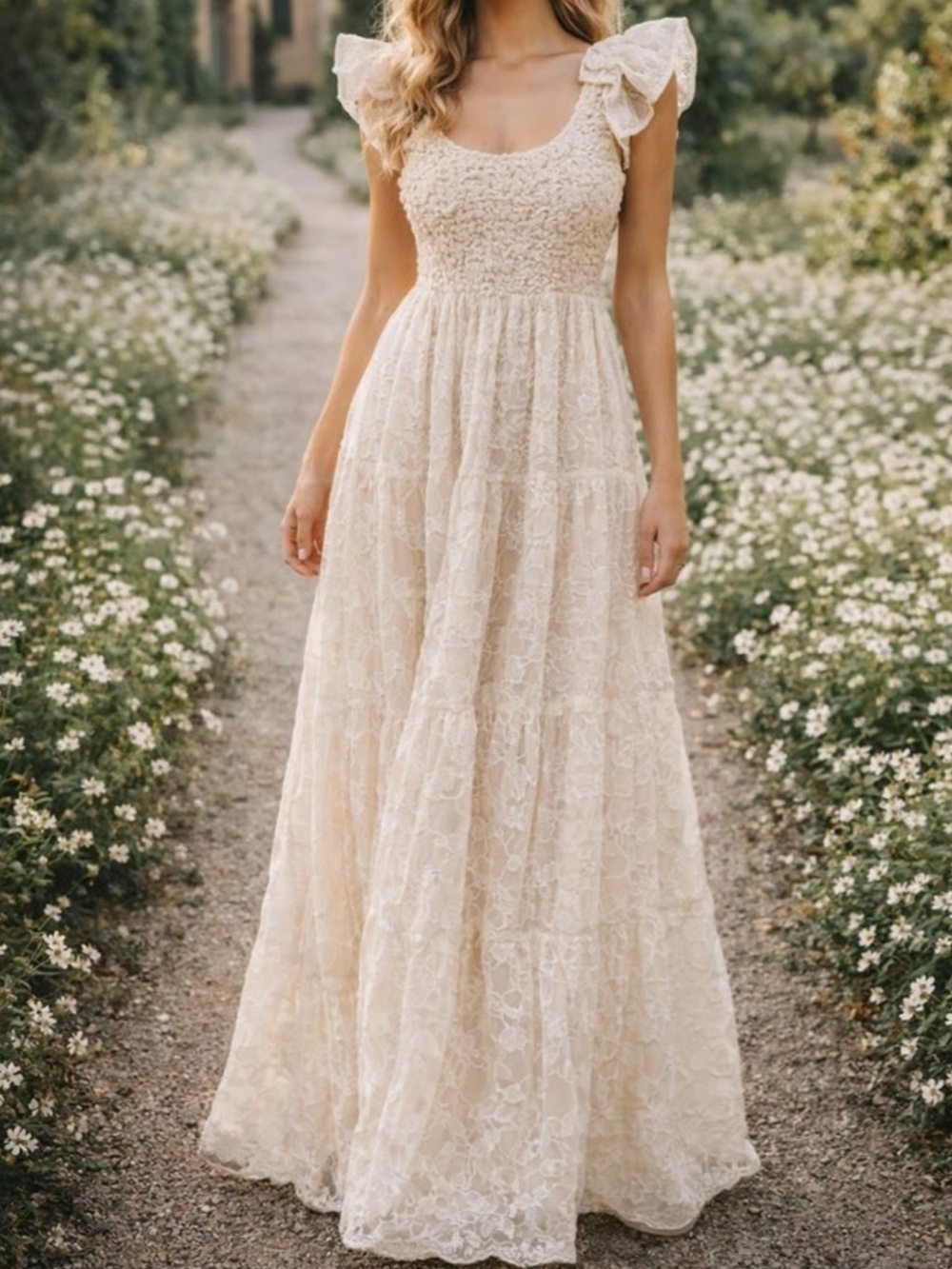 Elegant Lace Maxi Dress with Ruffled Shoulders - Cream